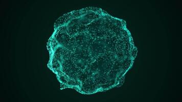 Turquoise particle sphere with glowing fluid motion on a dark background video