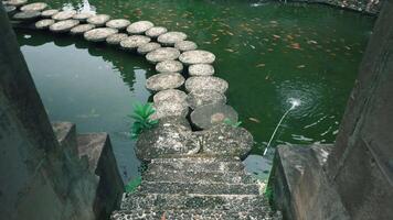 A serene pond with stepping stones leading across the water, surrounded by greenery. Fish can be seen swimming beneath the surface, and a gentle fountain creates ripples in the water video