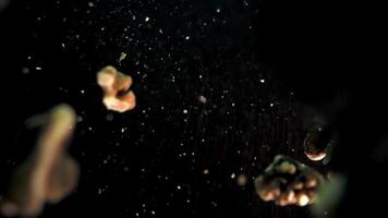 Slow Motion Capture of Walnut Pieces Falling Against a Dark Background video