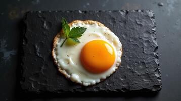 Sunny-side-up egg garnished with a sprig of parsley on a dark slate platter. photo