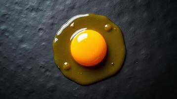 A single egg yolk rests on a dark, textured surface. photo