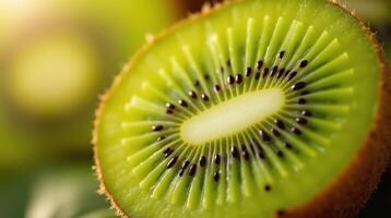 Delicious slice of kiwi displaying its vibrant green color and dark seeds. photo