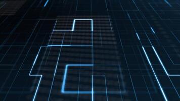 Motion graphic of Blue data matrix simulation digital line and grid technology with futuristic HUD screen on blue background video