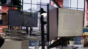 PC in startup office used to design and implement algorithms enabling machine learning. Technology unicorn venture workspace with PC used to conduct code reviews to fix bugs, close up shot video