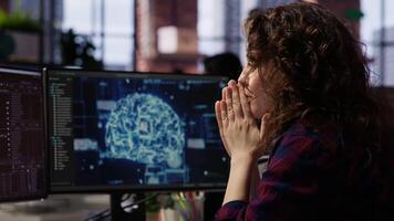 Startup employee shocked after successfully launching on stock market, generating high investment returns. Tech venture manager surprised after securing funding for pioneering software, camera B video