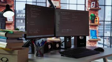 Empty AI tech agency office providing custom software development services. Technology venture workspace using machine learning to streamline coding process in startup office, handheld camera shot video