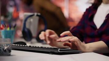 Startup engineer conducting detailed code review to fix bugs, identifying potential performance and technical issues with company software. IT worker debugging and optimizing code, camera B closeup video