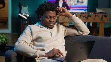 Home office user actively participating in a teleconference for remote workshop, maintaining a strong digital connection for effective online course. Man joining virtual call connection. Camera A. video