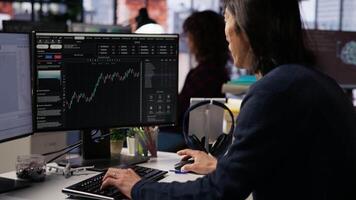 Stressed startup leadership in office dejected after watching stock exchange valuation decline. Sad venture business management seeing stock valuation drop, feeling afraid of bankruptcy, camera B video