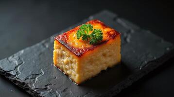 A delicately presented, golden-brown, rectangular dish garnished with a sprig of parsley, set upon a dark slate platter. photo