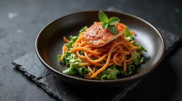 A delectable dish featuring spaghetti, lettuce, and a succulent fish fillet garnished with fresh herbs in a rustic bowl. photo