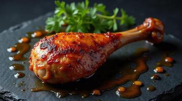 Roasted chicken drumstick with a savory glaze. photo