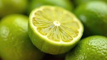 The image features a vibrant lime cut in half, revealing its juicy, translucent flesh. photo