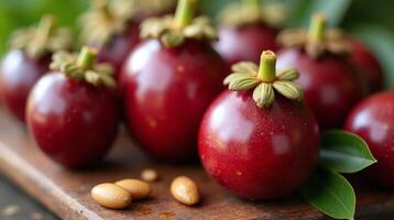 An array of vibrant, glossy red berries with green stems and leaves, accompanied by small beige seeds, against a natural wooden backdrop. photo