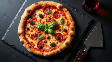 A mouth-watering, artistically presented pizza with rich toppings and vibrant colors, accompanied by a sleek serving knife, all set against a rustic black backdrop. photo