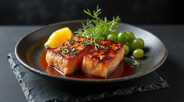 Gourmet salmon dish adorned with green grapes and herbs, served on a rustic black plate. photo