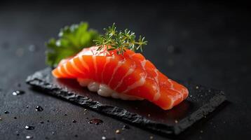 A meticulously arranged sushi dish, featuring a vibrant salmon slice adorned with a sprig of fresh thyme and a delicate garnish of parsley, rests upon a sleek, dark stone plate. photo