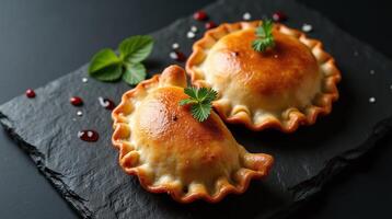 An appetizing pair of golden-brown empanadas garnished with fresh greenery and red dots on a dark slate surface. photo
