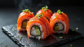 The image features a meticulously arranged sushi roll, prominently showcasing the vibrant orange hue of the salmon, complemented by a precisely cut slice of green vegetable inside. photo