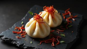 Two dumplings adorned with crispy red strips and garnished with greenery rest on a dark, textured stone plate. photo
