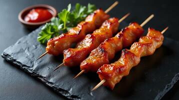 Gourmet skewers of grilled meat, garnished with fresh herbs and a condiment dish, presented elegantly on a dark, rustic stone platter. photo