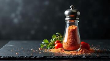Spice container with orange powder on a black surface. photo