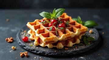 The image depicts a delectable stack of waffles garnished with fresh cherries and herbs, served on a round, rustic stone tray. photo