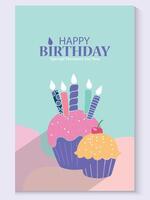 birthday card with cupcakes and candles on soft color vector