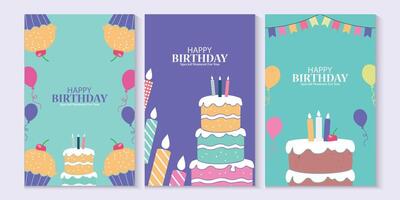 set of birthday banners with cake and candles with colorful background vector