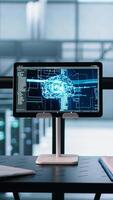 Vertical Team of IT professionals looking over data center checkup paperwork, using AI tech on tablet. Colleagues collaborating in server farm, reading documentation, using artificial intelligence, camera A video
