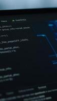 Vertical Data center technician using artificial intelligence on tablet to prevent vulnerabilities. Employee using device to review firewall rules, enforcing AI cybersecurity protocols, camera A close up video