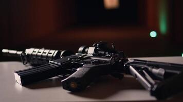 Semiautomatic weapon in shooting range used for shooting courses designed to elevate marksmanship skills. Close up of assault rifle in shooting gallery used to shoot targets, handheld camera shot video