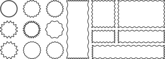 Shape frame with zigzag edge. Rectangular jagged curved box element. Geometric zig zag wavy stickers vector