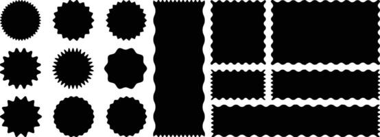 Zig zag edge square and circle shapes collection. Jagged patches set. Black graphic design elements vector
