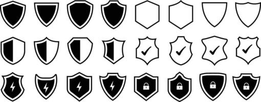 Shield icons set. Protection, safety and security shield shape. Simple shield in different styles vector