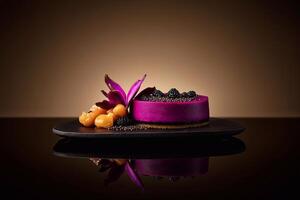 Cheesecake with dragonfruit cream, decorated with fruit slices and chia seeds, placed on a dark reflective surface with caramelized elements, creating elegant presentation. . photo