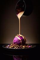 Vibrant lavender ice cream topped with creamy sauce, pistachios, and crunchy garnish on a dark plate, illuminated with soft lighting for an elegant aesthetic. . photo