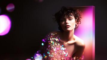 A glamorous model in a sparkling outfit radiates neon aura, blending elegance with futuristic aesthetics. A dreamlike composition with cinematic lighting and artistic depth. . photo