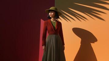 A fashionable woman in vibrant colors stands in a modern setting with geometric backgrounds, enhanced by bold lighting and tropical shadows. . photo
