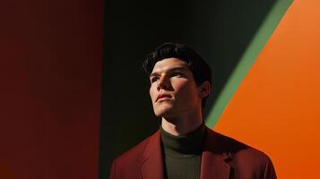 A stylish male portrait in warm, earthy tones with striking lighting. Natural colors and textures enhance the elegance and depth of the composition. . photo