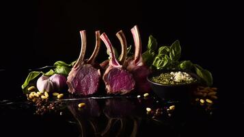 Raw lamb chops arranged with fresh basil, garlic, pine nuts, and a bowl of pesto sauce on a black marble surface. Rich colors and textures create a gourmet presentation. . photo