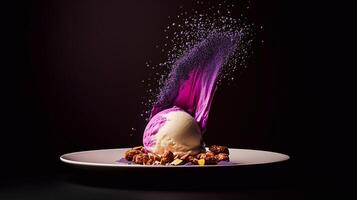 Lavender ice cream with a dynamic explosion of purple dust, elegantly plated with nuts and caramelized toppings. A surreal and artistic dessert in a dark, moody setting. . photo