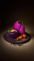 Cheesecake with dragon fruit cream, garnished with fruit slices and chia seeds, presented on a dark, artistic plate with caramelized elements and an elegant aesthetic. . photo