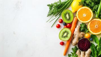 A vibrant display of fresh fruits and vegetables arranged on a bright surface, symbolizing health and nutrition. . photo
