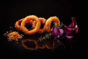Golden onion rings, roasted garlic, and charred onion slices with thyme and salt, arranged on a dark surface. A visually striking food presentation with rich textures and deep contrast. . photo