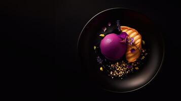 A scoop of lavender ice cream on a black plate, accented with edible flowers, crushed pistachios, and a delicate pastry, styled in a modern and sophisticated presentation. . photo