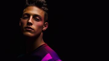 A young man with sharp features and intense gaze stands against a dark background. Dramatic lighting highlights his face and futuristic outfit, creating a bold, modern aesthetic. . photo