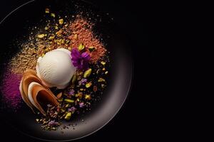 White ice cream scoop with pistachios, chocolate curl, edible flowers, and colorful powders on a black plate, styled in a luxurious and modern culinary presentation. . photo