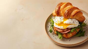 Flaky croissant sandwich with poached egg, arugula, and ham, beautifully presented on a rustic plate, with soft textures and vibrant colors for a gourmet breakfast look. . photo