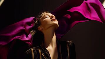 A stunning model with glowing skin, bathed in dramatic light, with flowing silk fabric, emphasizing luxury beauty and skincare. Aesthetic elegance and radiant confidence. . photo